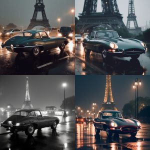 Four AI-generated images of a Jaguar E-Type in front of the Eiffel Tower