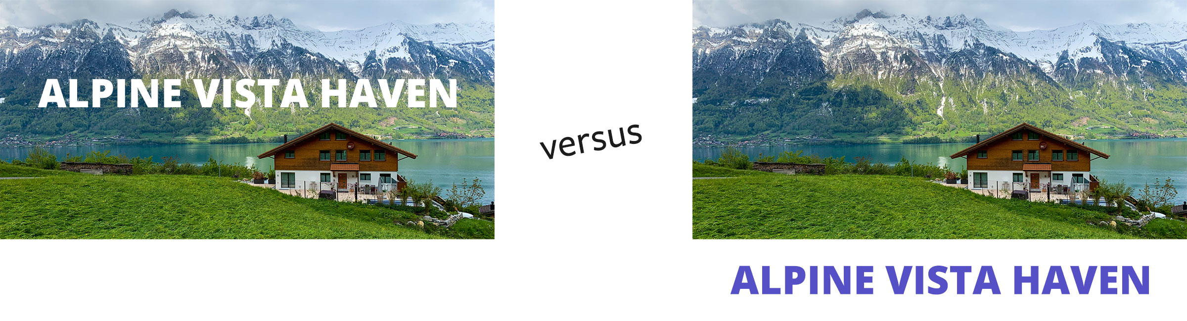 Comparison of a resort image with overlaid text and with text underneath