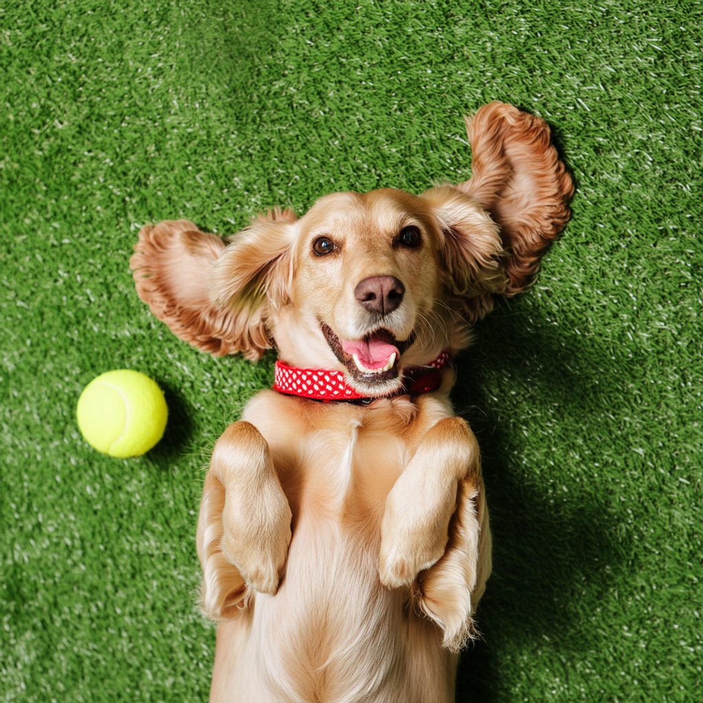Photoshop-generated image of a tan-coloured spaniel lying on its back on grass, next to a tennis ball