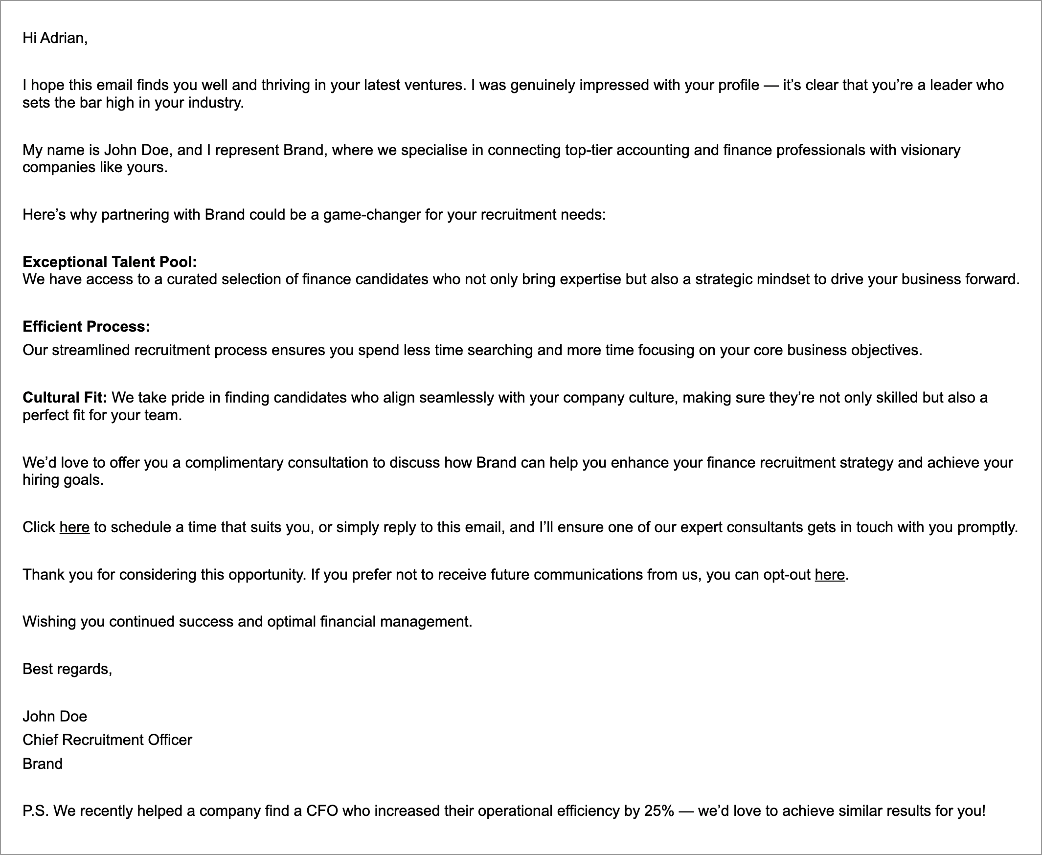 Fake cold email example