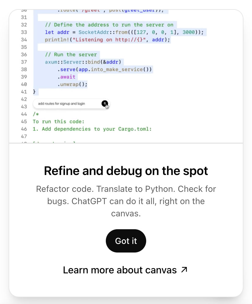 Screenshot explaining ChatGPT's canvas functionality